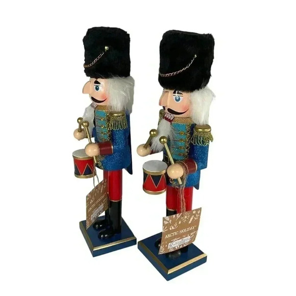 Wood Christmas Nutcracker Set Drummer Soldier Fur Hat Red Blue Holiday Decor - Picture 3 of 7